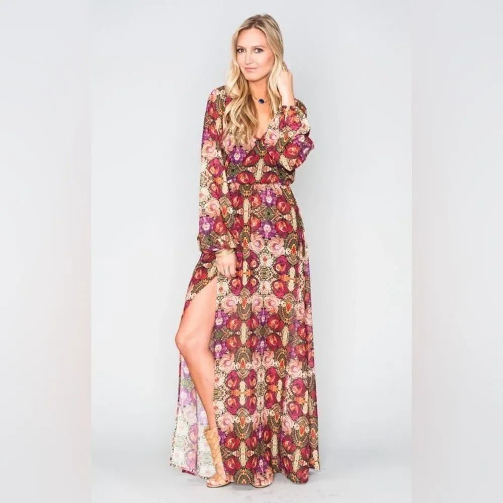 Anthropologie Show Me Your MuMu Hacienda Red & Pink Floral V-Neck Maxi Dress